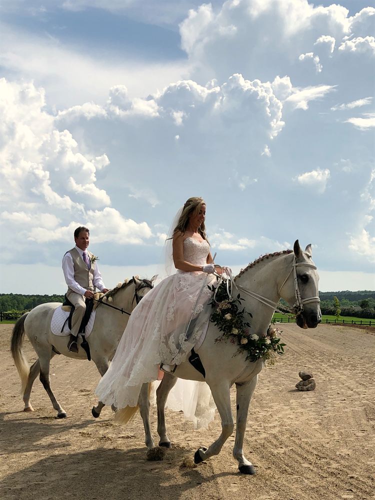A bride and groom riding white horses decorated with flower garlands under a big summer sky